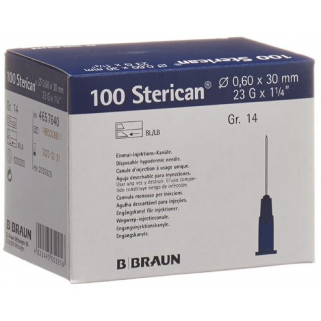 Sterican Nadel 23г 0.60x30мм Blau Luer 100 штук