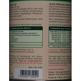 Spirulina Flamant Vert Bio Tabletten 500mg Dose 400 Stück